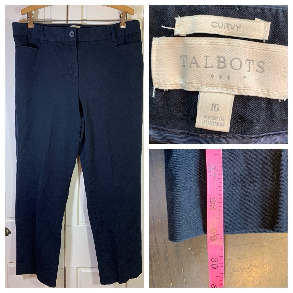 Talbots Curvy Chino Pants Women 16 Black Cotton Blend Mid Rise Flat Front Casual